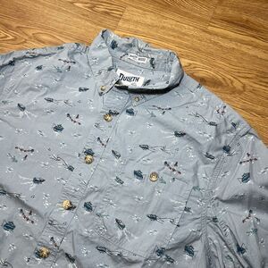 Duluth Trading Co Relaxed Sz L Untucked Hawaiia Shirt Print Fishing Boats Sharks